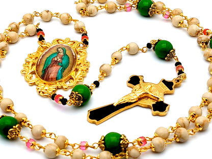 Our Lady of Guadalupe unique rosary beads gemstone rosary beads with Saint Benedict gold plated and enamel crucifix.