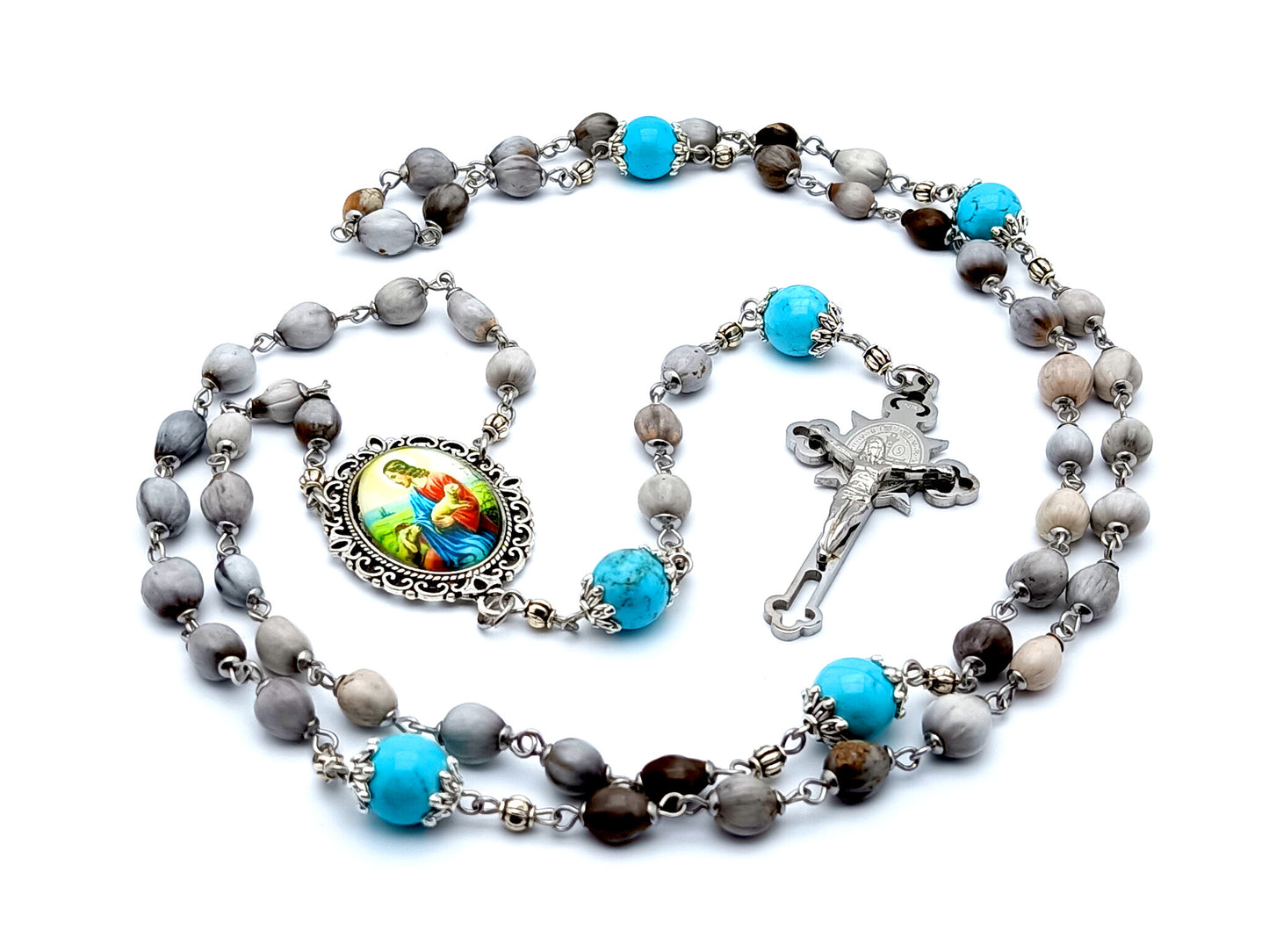 Jesus the Good Shepard unique rosary beads Jobs tears rosary beads with turquoise gemstone Our Father beads and Saint Benedict stainless steel crucifix.