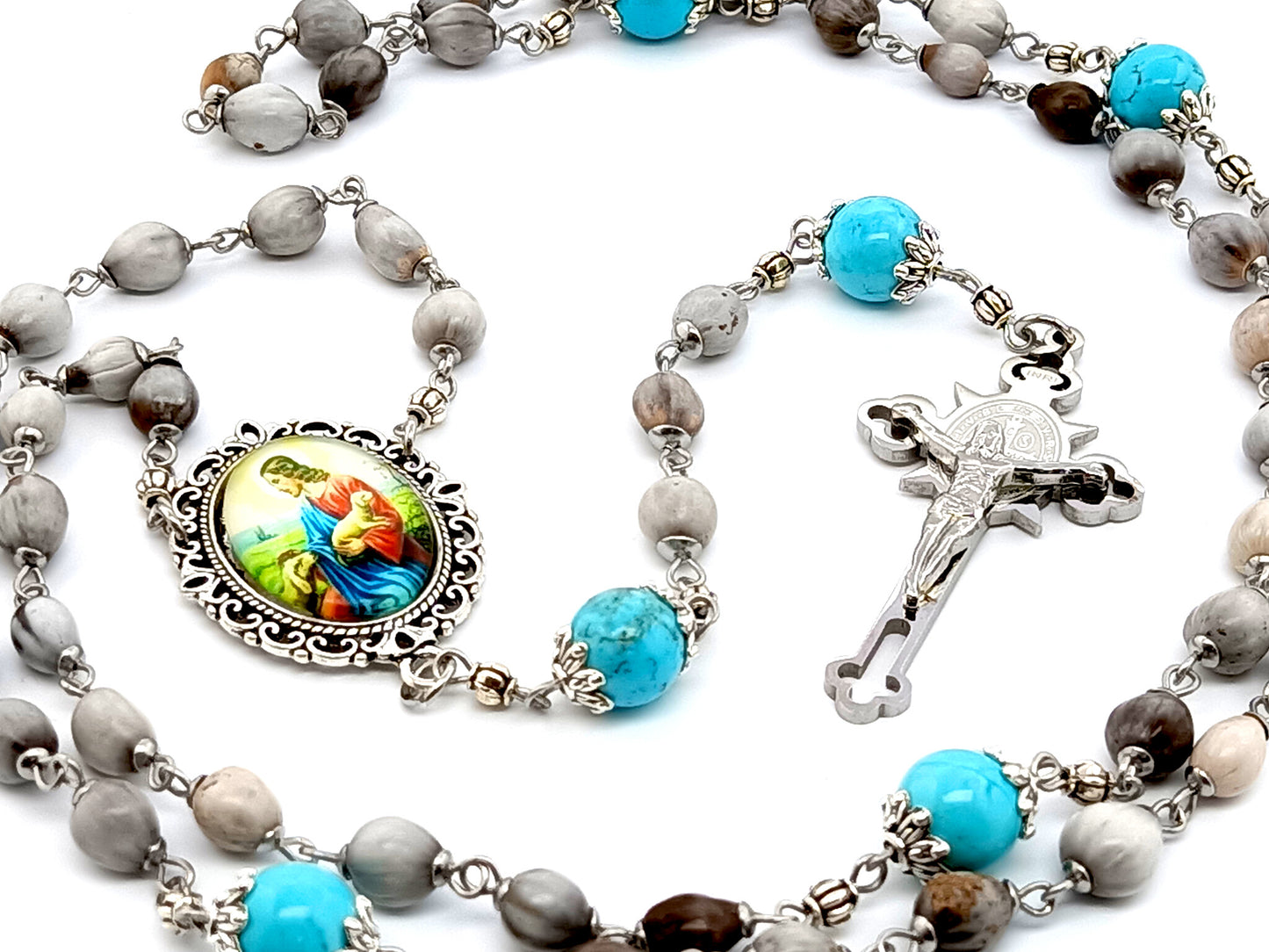 Jesus the Good Shepard unique rosary beads Jobs tears rosary beads with turquoise gemstone Our Father beads and Saint Benedict stainless steel crucifix.