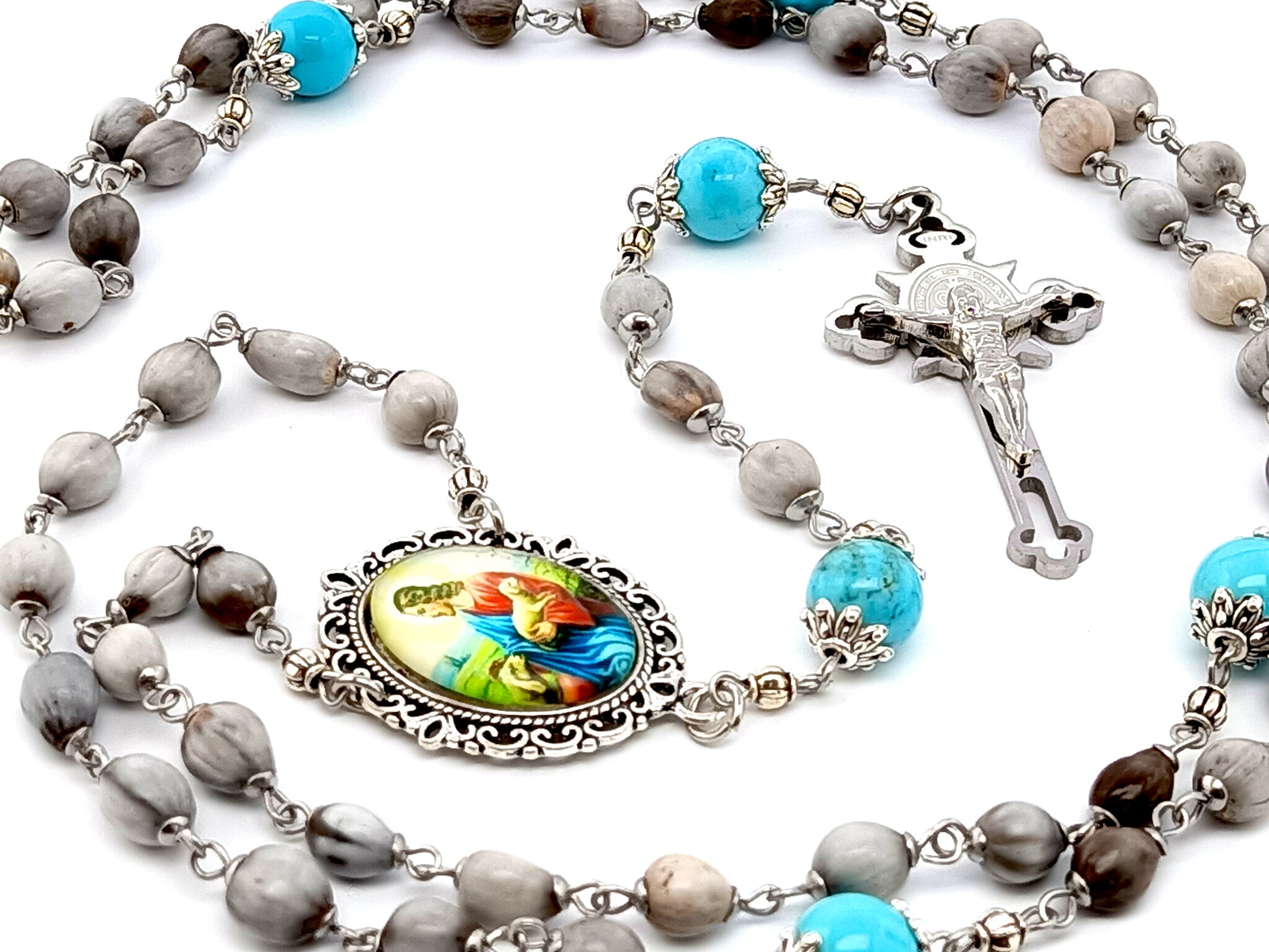 Jesus the Good Shepard unique rosary beads Jobs tears rosary beads with turquoise gemstone Our Father beads and Saint Benedict stainless steel crucifix.