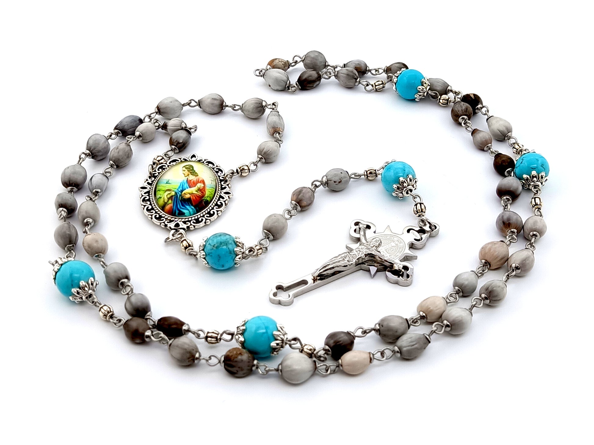 Jesus the Good Shepard unique rosary beads Jobs tears rosary beads with turquoise gemstone Our Father beads and Saint Benedict stainless steel crucifix.