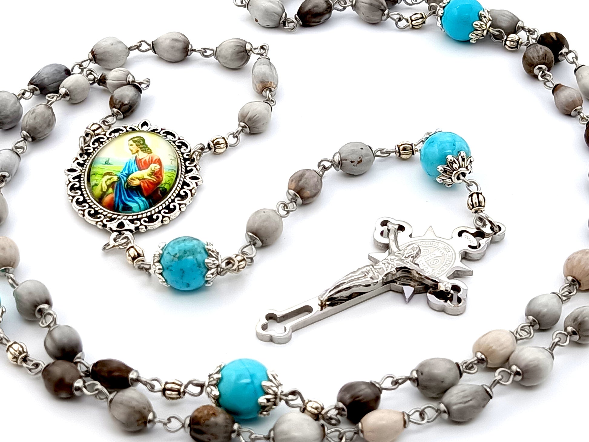 Jesus the Good Shepard unique rosary beads Jobs tears rosary beads with turquoise gemstone Our Father beads and Saint Benedict stainless steel crucifix.