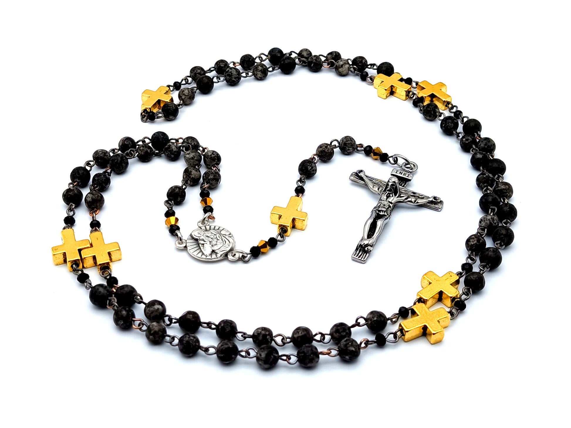 God the Father unique rosary beads gemstone prayer chaplet with gold plated linking cross beads and stainless steel crucifix.