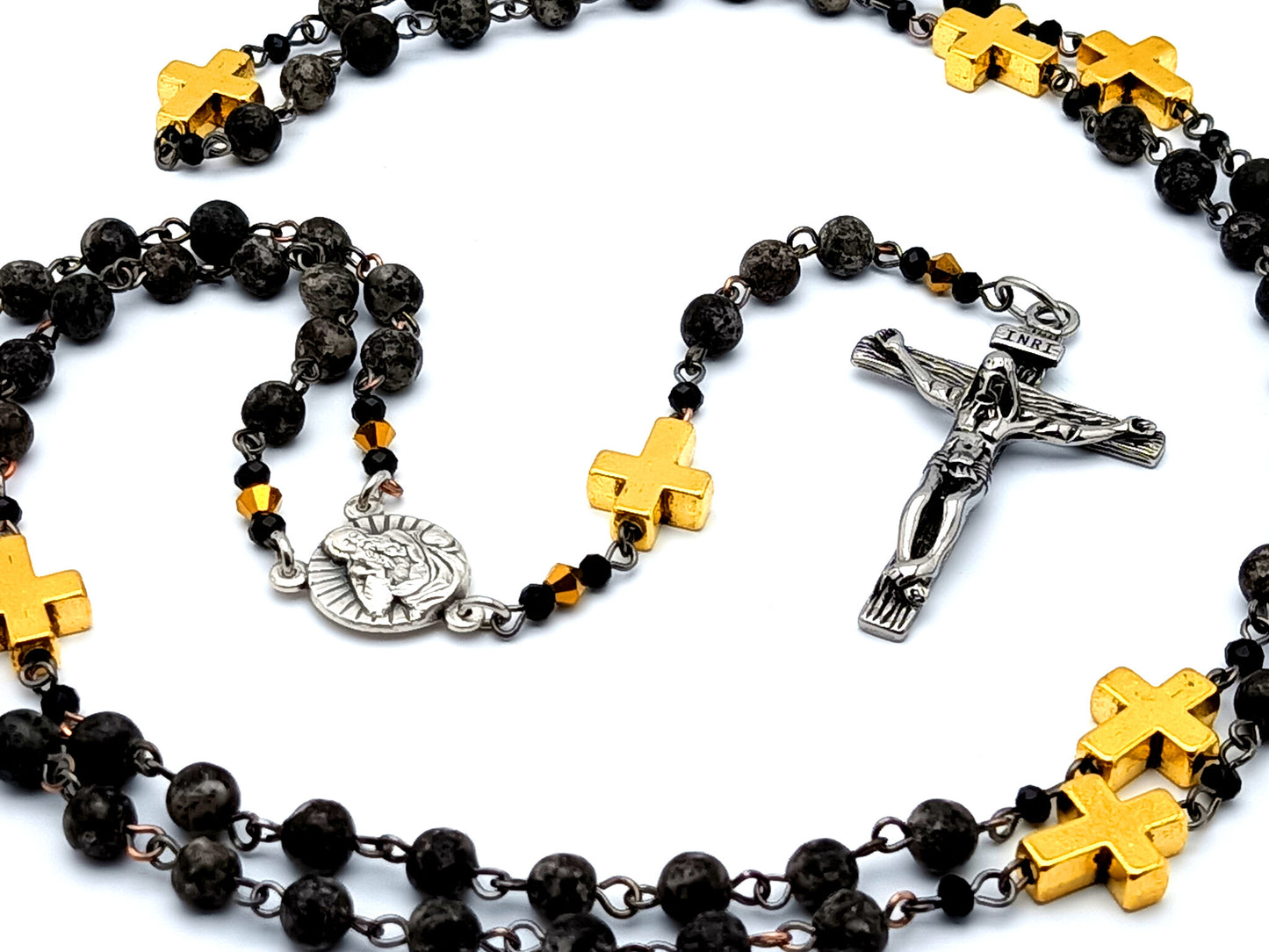 God the Father unique rosary beads gemstone prayer chaplet with gold plated linking cross beads and stainless steel crucifix.