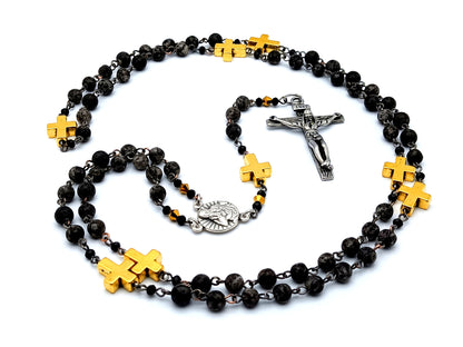 God the Father unique rosary beads gemstone prayer chaplet with gold plated linking cross beads and stainless steel crucifix.