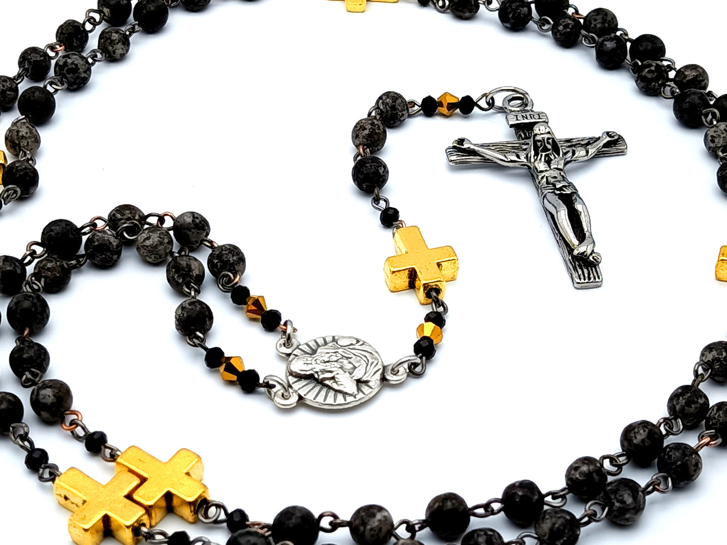 God the Father unique rosary beads gemstone prayer chaplet with gold plated linking cross beads and stainless steel crucifix.