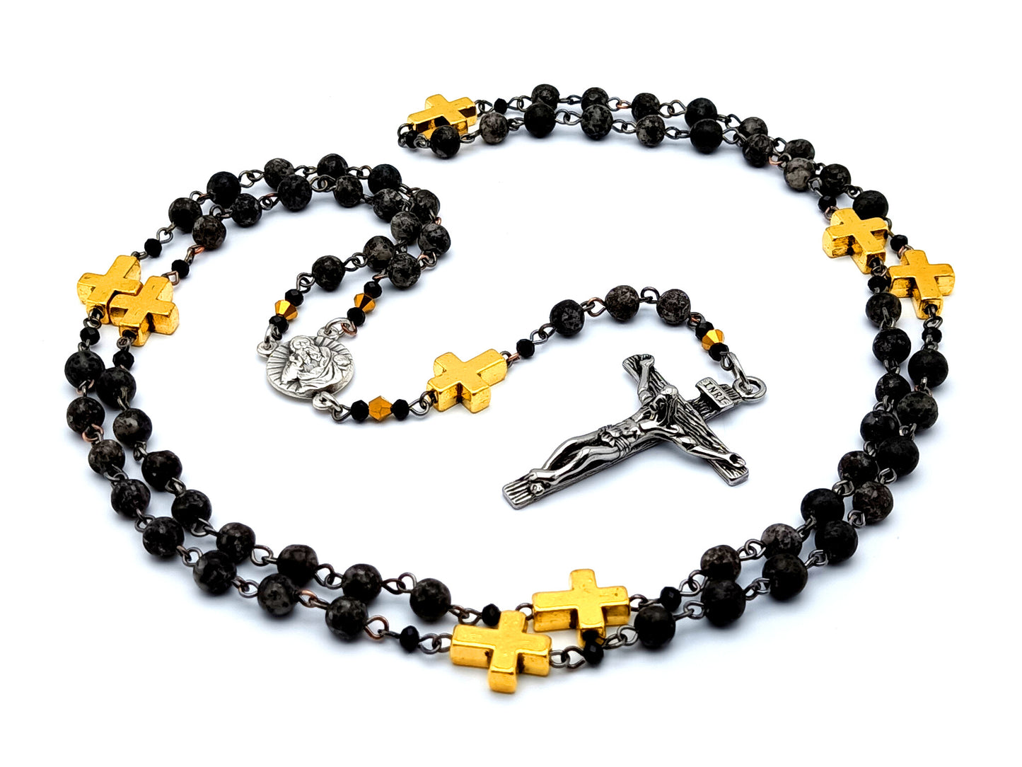 God the Father unique rosary beads gemstone prayer chaplet with gold plated linking cross beads and stainless steel crucifix.