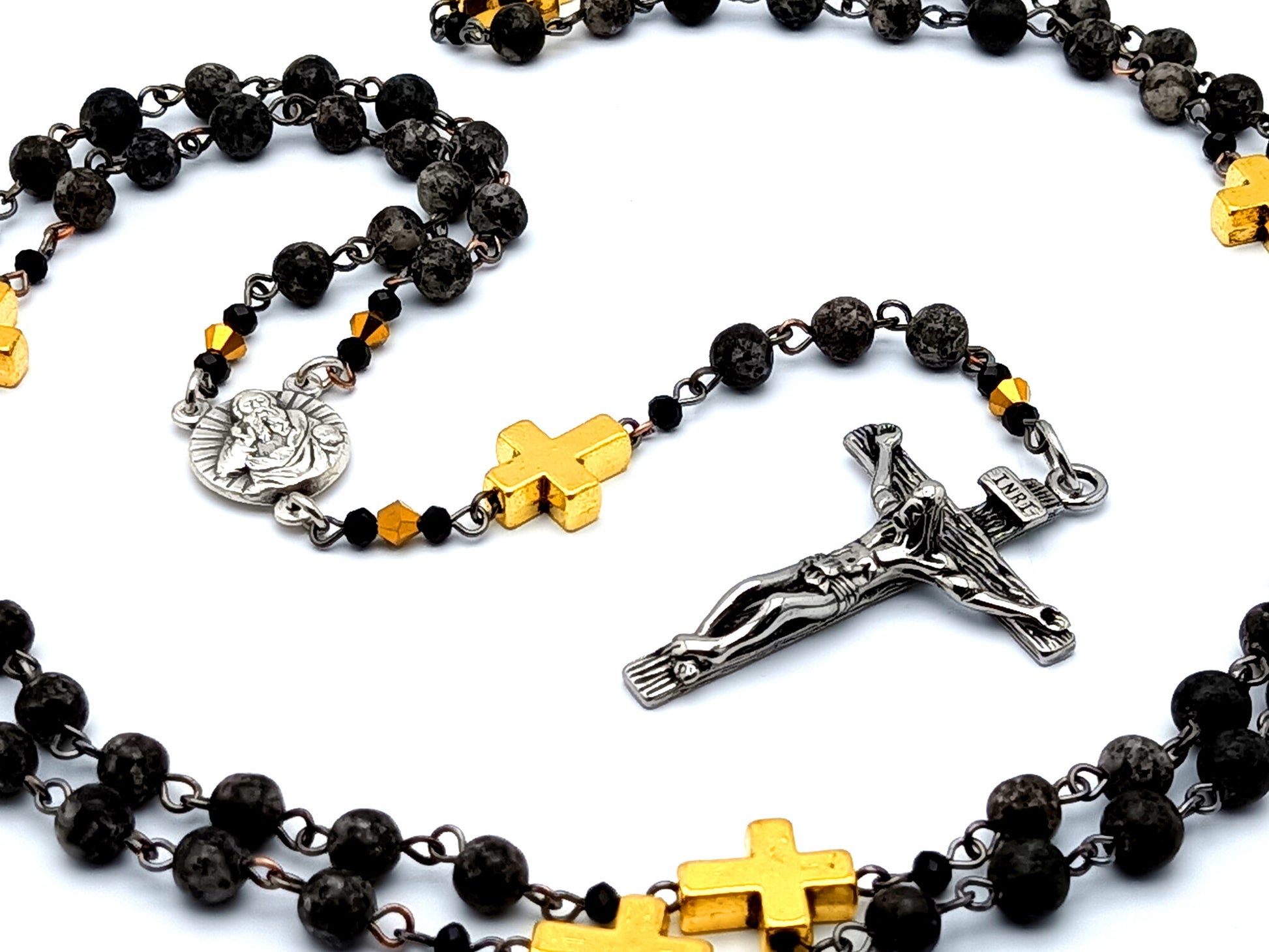 God the Father unique rosary beads gemstone prayer chaplet with gold plated linking cross beads and stainless steel crucifix.