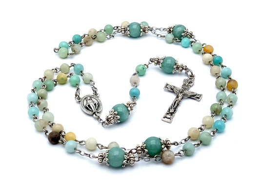 Miraculous medal unique rosary beads aquamarine gemstone rosary beads with Holy Spirit crucifix.