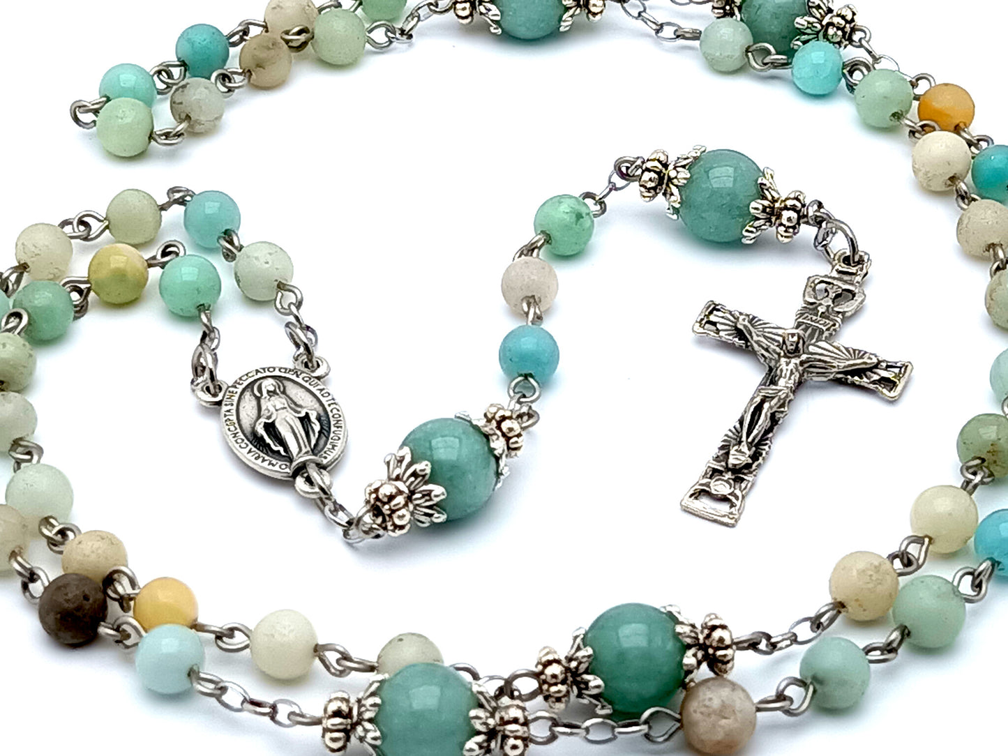 Miraculous medal unique rosary beads aquamarine gemstone rosary beads with Holy Spirit crucifix.