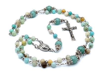 Miraculous medal unique rosary beads aquamarine gemstone rosary beads with Holy Spirit crucifix.