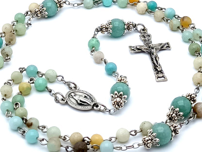 Miraculous medal unique rosary beads aquamarine gemstone rosary beads with Holy Spirit crucifix.