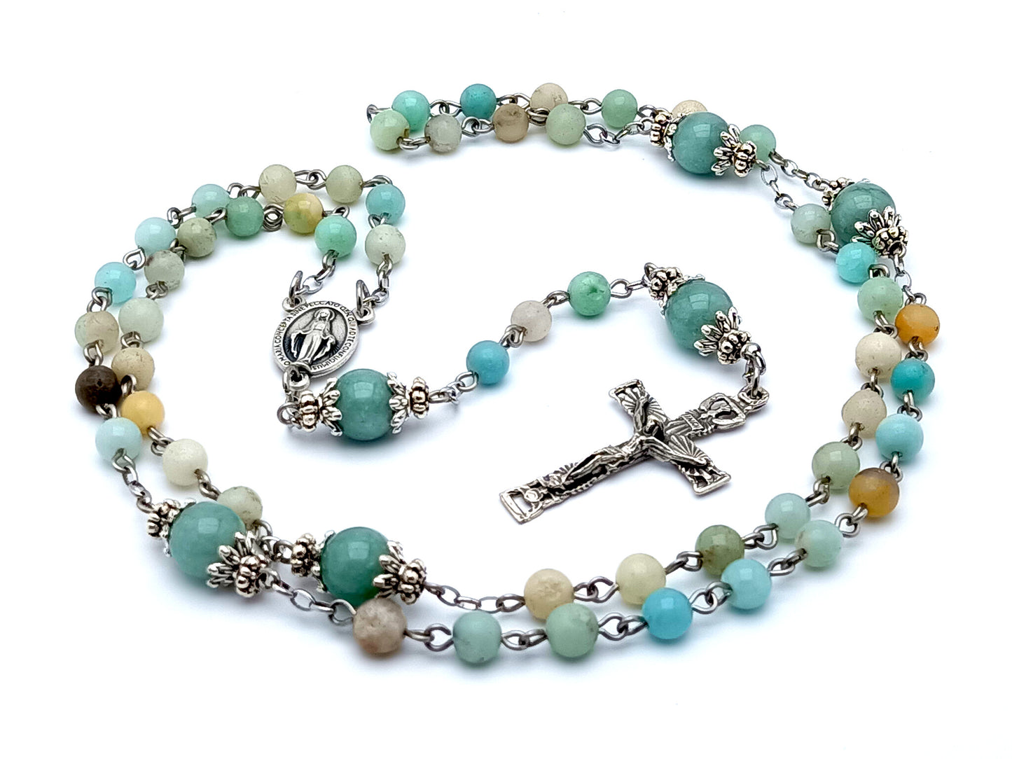 Miraculous medal unique rosary beads aquamarine gemstone rosary beads with Holy Spirit crucifix.