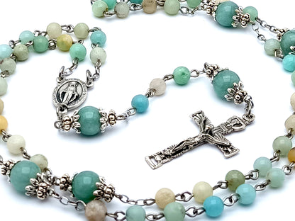 Miraculous medal unique rosary beads aquamarine gemstone rosary beads with Holy Spirit crucifix.