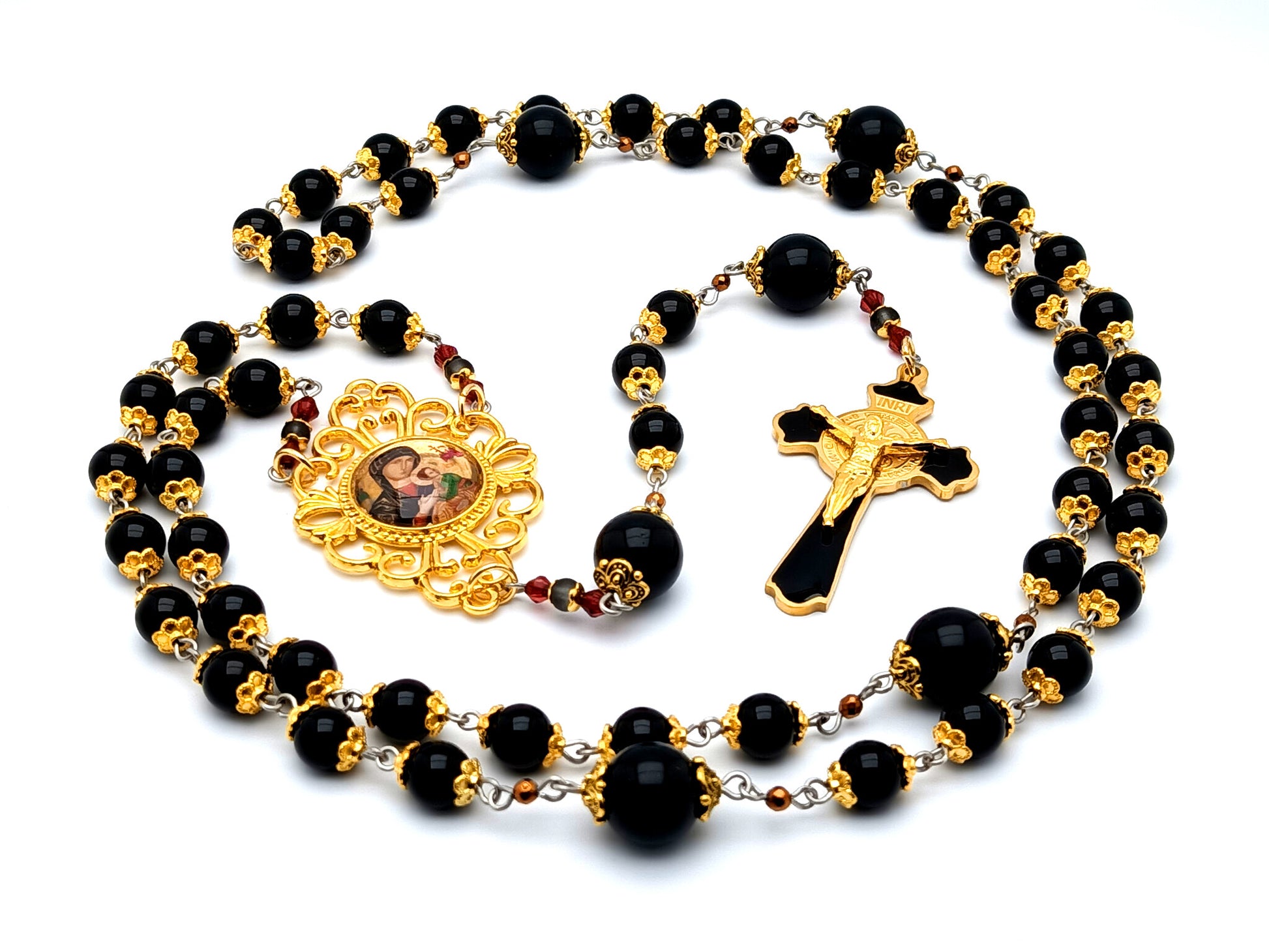 Our Lady of Perpetual Succour unique rosary beads onyx gemstone rosary beads with Saint Benedict enamel and gold plated stainless steel crucifix.