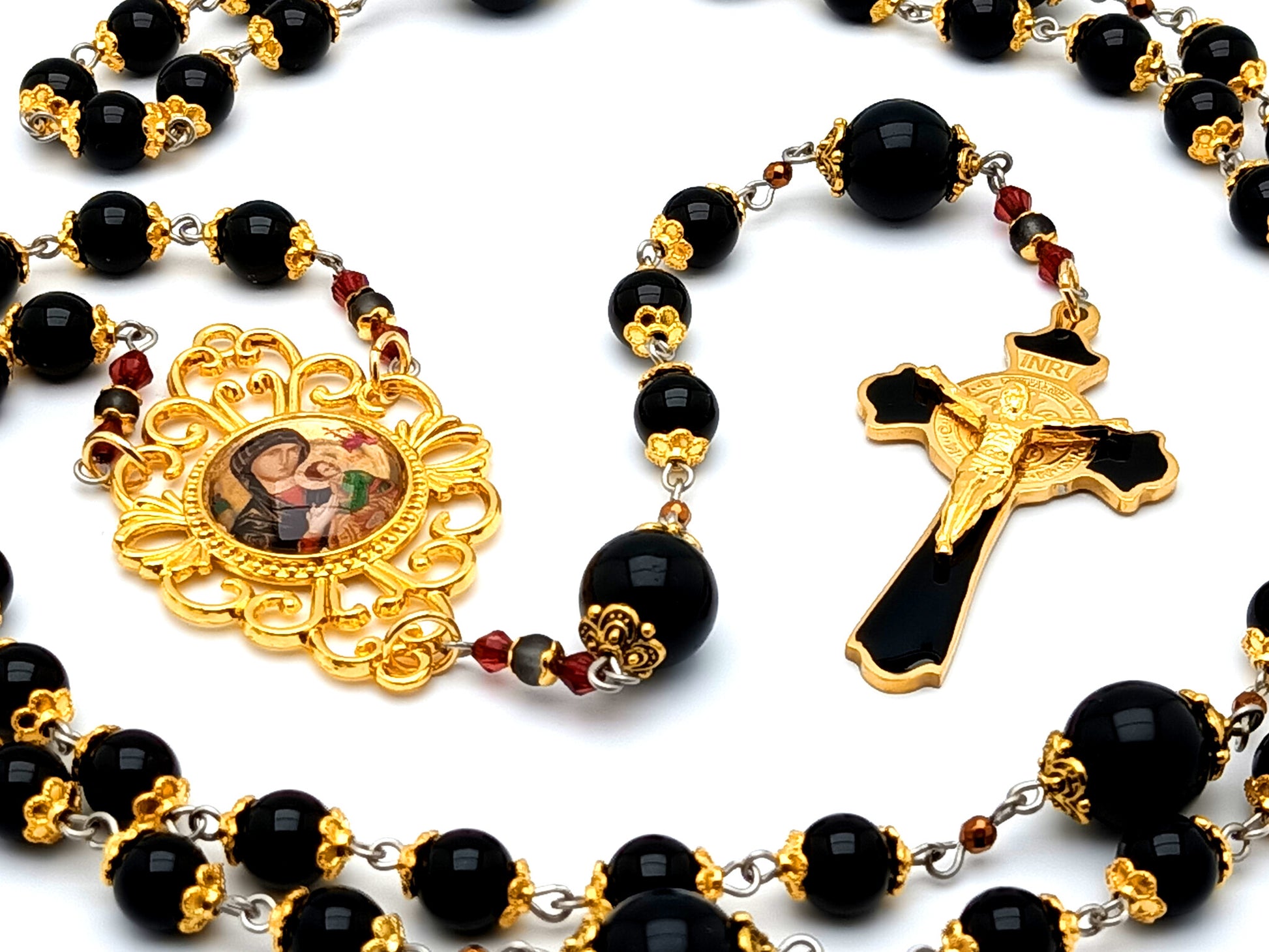 Our Lady of Perpetual Succour unique rosary beads onyx gemstone rosary beads with Saint Benedict enamel and gold plated stainless steel crucifix.