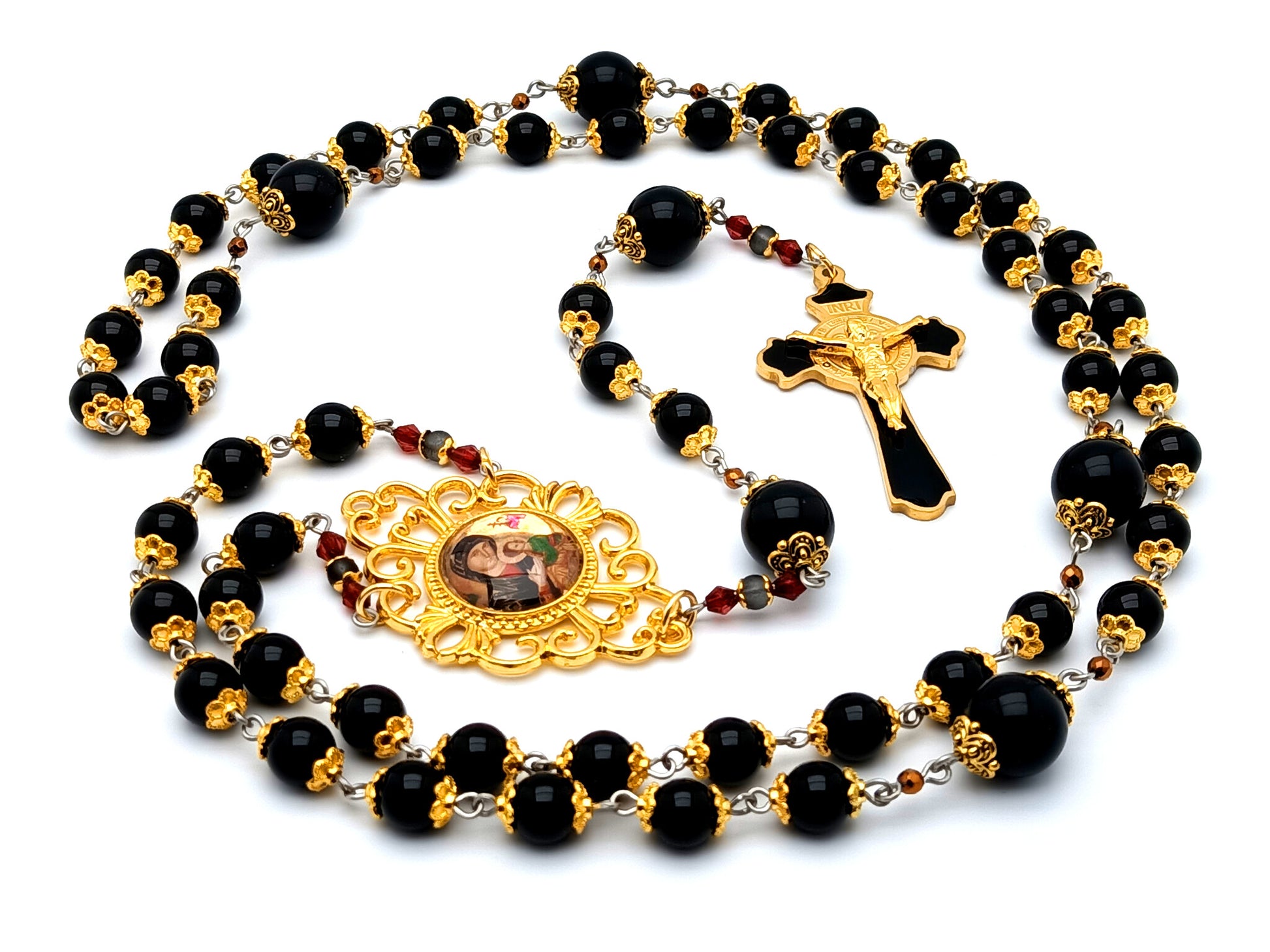 Our Lady of Perpetual Succour unique rosary beads onyx gemstone rosary beads with Saint Benedict enamel and gold plated stainless steel crucifix.