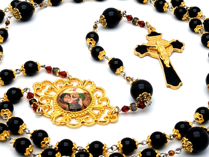 Our Lady of Perpetual Succour unique rosary beads onyx gemstone rosary beads with Saint Benedict enamel and gold plated stainless steel crucifix.