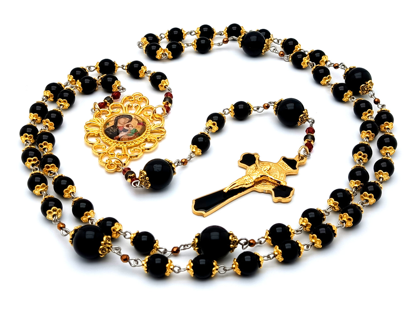 Our Lady of Perpetual Succour unique rosary beads onyx gemstone rosary beads with Saint Benedict enamel and gold plated stainless steel crucifix.