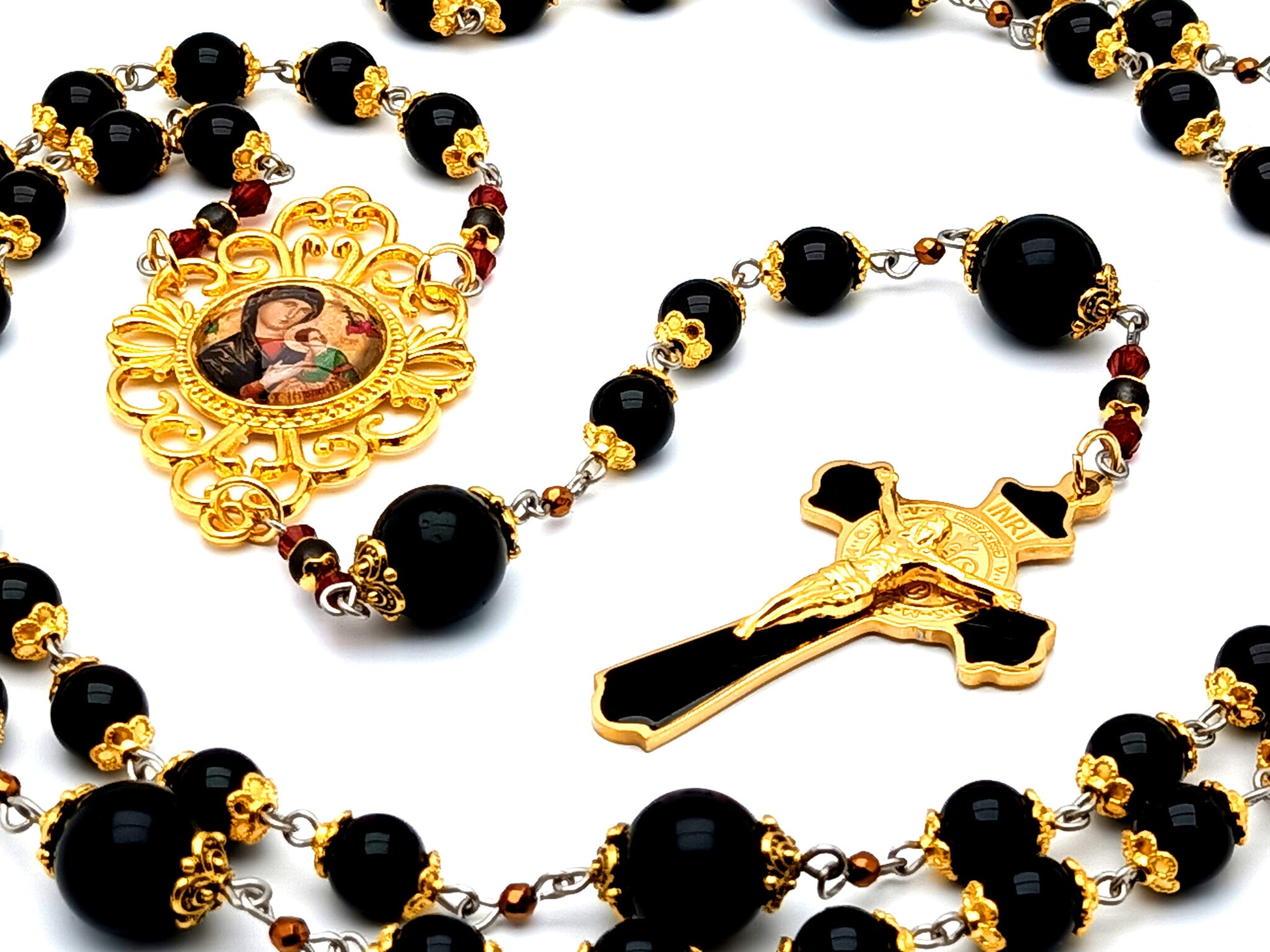 Our Lady of Perpetual Succour unique rosary beads onyx gemstone rosary beads with Saint Benedict enamel and gold plated stainless steel crucifix.