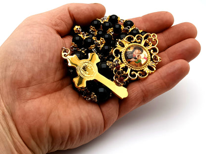 Our Lady of Perpetual Succour unique rosary beads onyx gemstone rosary beads with Saint Benedict enamel and gold plated stainless steel crucifix.