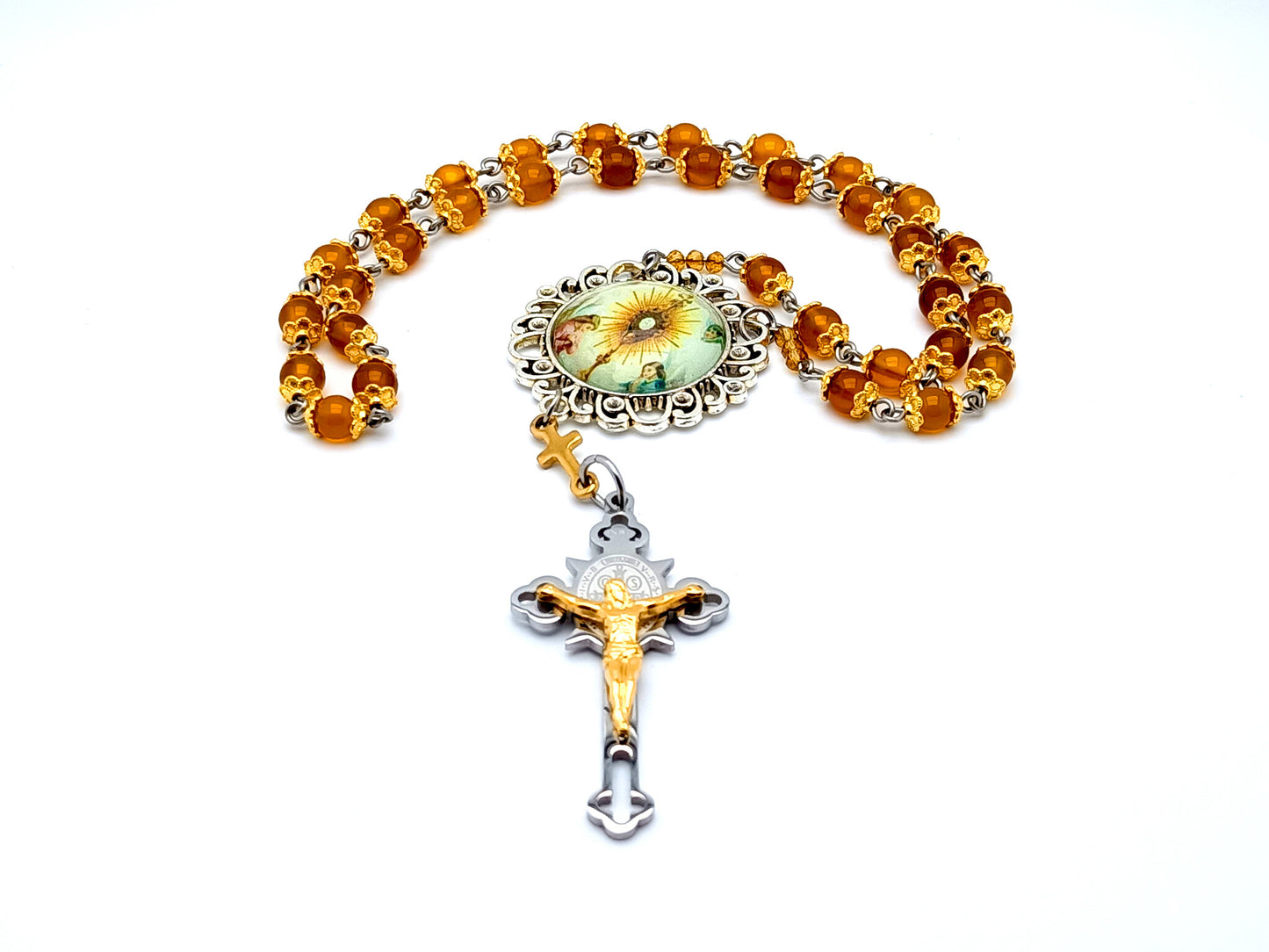 Blessed Sacrament unique rosary beads gemstone prayer chaplet with domed picture medal and stainless steel Saint Benedict crucifix with gold plated corpus.