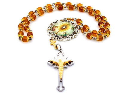 Blessed Sacrament unique rosary beads gemstone prayer chaplet with domed picture medal and stainless steel Saint Benedict crucifix with gold plated corpus.