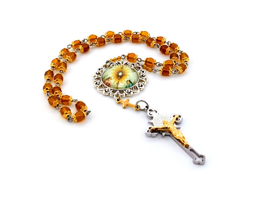 Blessed Sacrament unique rosary beads gemstone prayer chaplet with domed picture medal and stainless steel Saint Benedict crucifix with gold plated corpus.