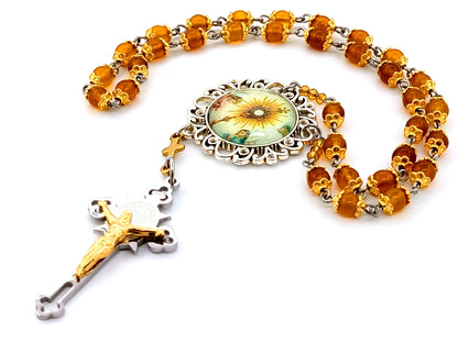 Blessed Sacrament unique rosary beads gemstone prayer chaplet with domed picture medal and stainless steel Saint Benedict crucifix with gold plated corpus.