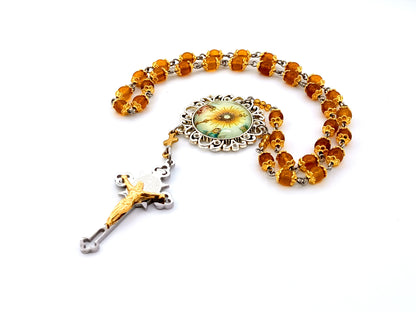 Blessed Sacrament unique rosary beads gemstone prayer chaplet with domed picture medal and stainless steel Saint Benedict crucifix with gold plated corpus.