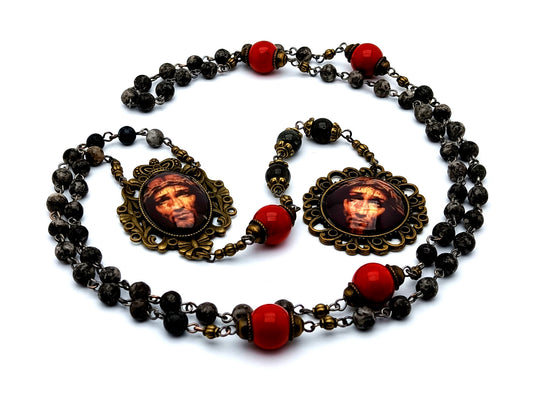 Vintage style Precious Blood unique rosary beads gemstone prayer chaplet with red and black jasper gemstones and domed Holy Face of Jesus picture medals.