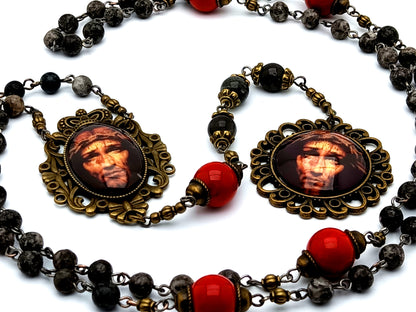 Vintage style Precious Blood unique rosary beads gemstone prayer chaplet with red and black jasper gemstones and domed Holy Face of Jesus picture medals.