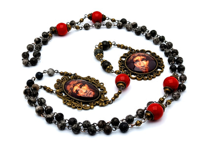 Vintage style Precious Blood unique rosary beads gemstone prayer chaplet with red and black jasper gemstones and domed Holy Face of Jesus picture medals.