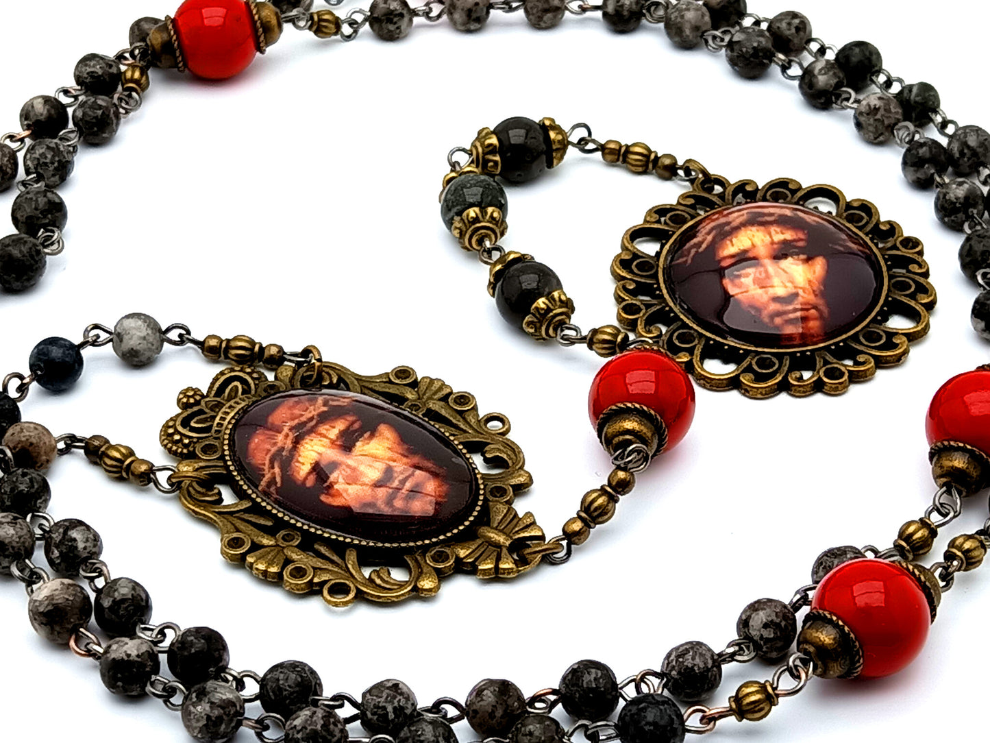 Vintage style Precious Blood unique rosary beads gemstone prayer chaplet with red and black jasper gemstones and domed Holy Face of Jesus picture medals.