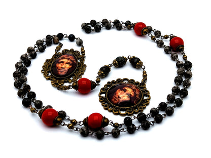 Vintage style Precious Blood unique rosary beads gemstone prayer chaplet with red and black jasper gemstones and domed Holy Face of Jesus picture medals.