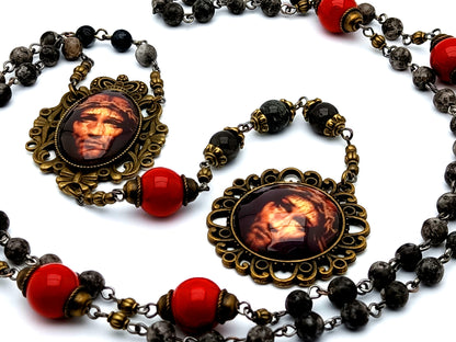 Vintage style Precious Blood unique rosary beads gemstone prayer chaplet with red and black jasper gemstones and domed Holy Face of Jesus picture medals.