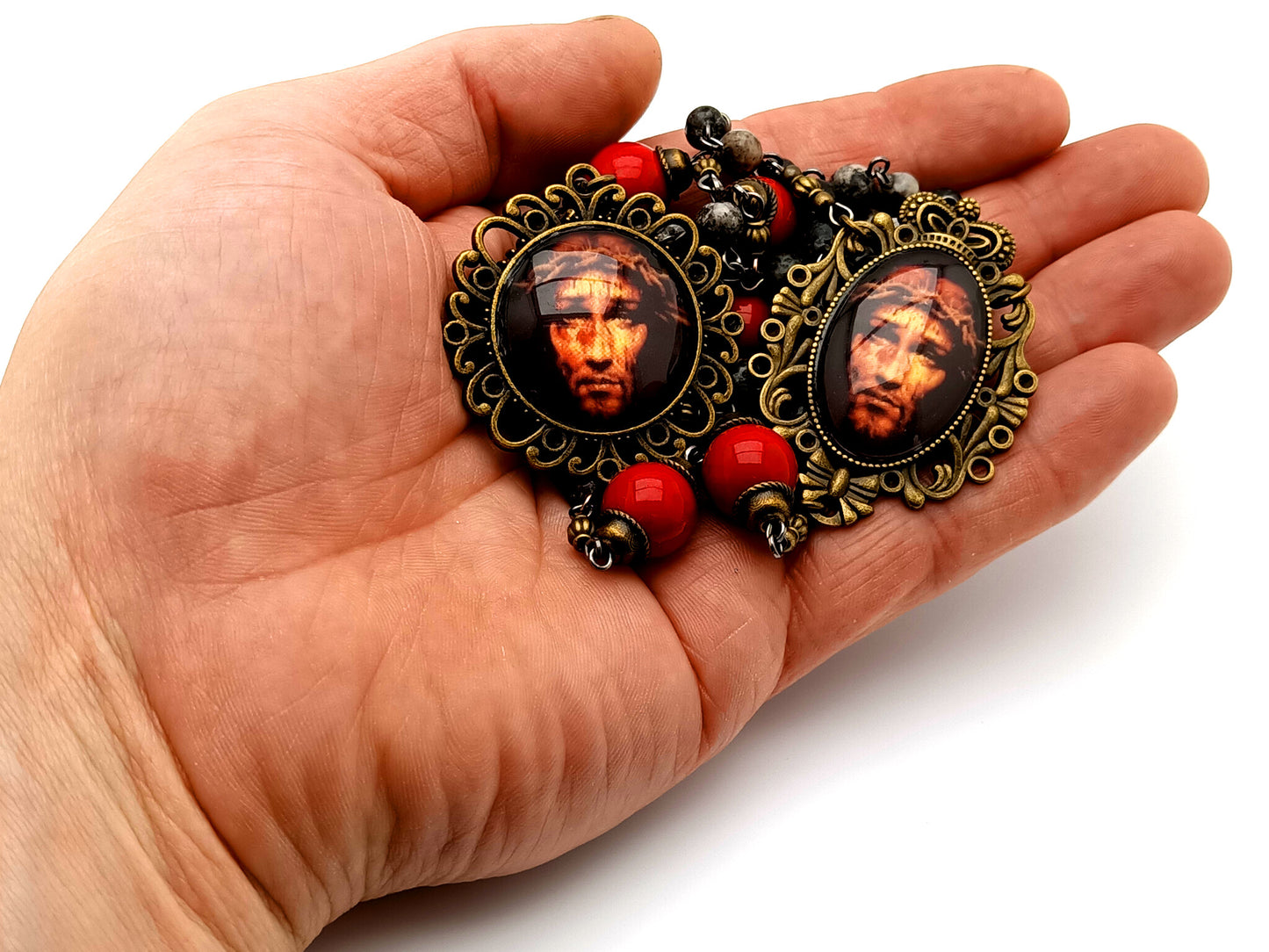 Vintage style Precious Blood unique rosary beads gemstone prayer chaplet with red and black jasper gemstones and domed Holy Face of Jesus picture medals.