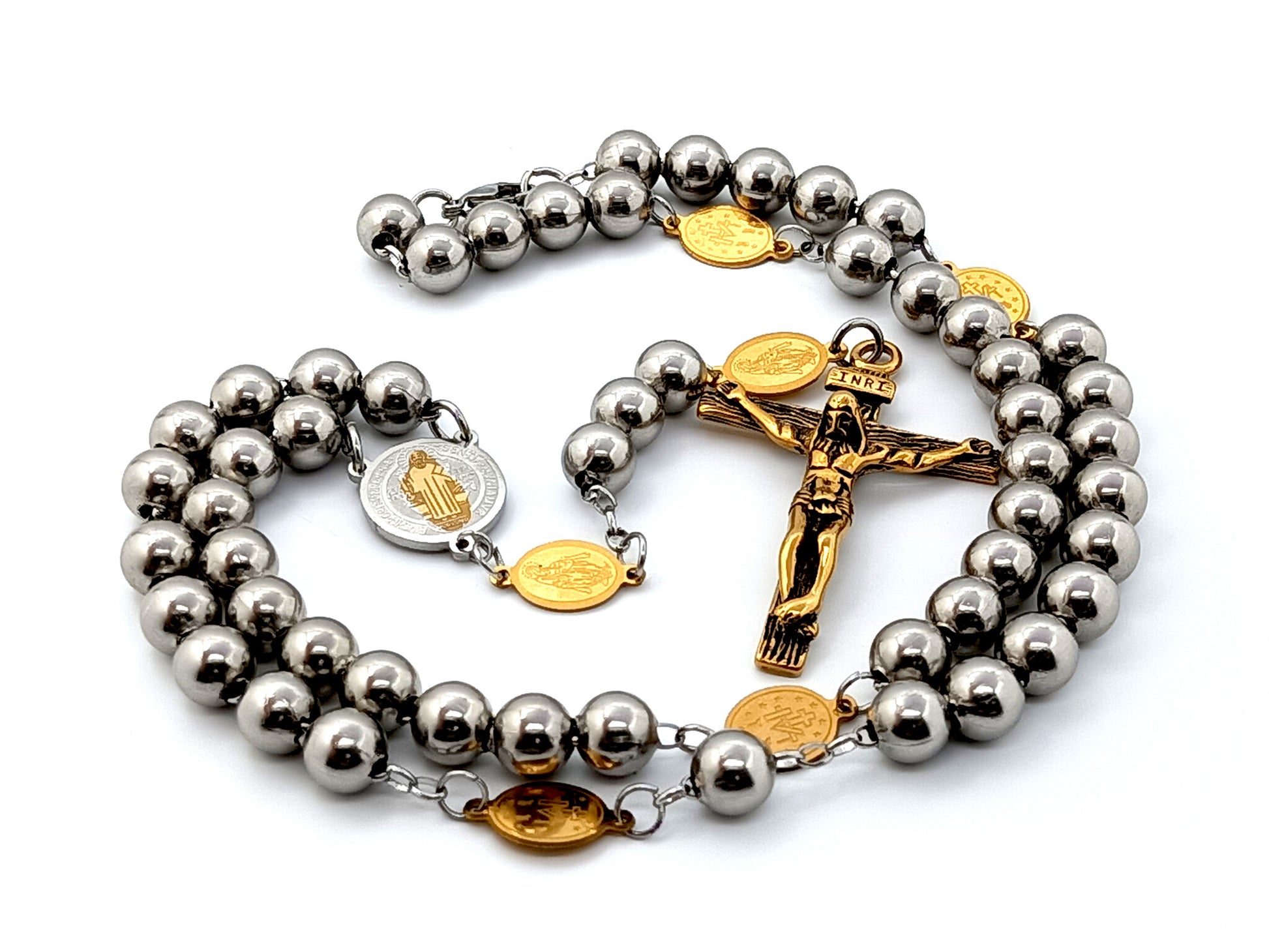 Stainless steel St Benedict unique rosary beads with Miraculous medals and stainless steel crucifix, rosary bead necklace.