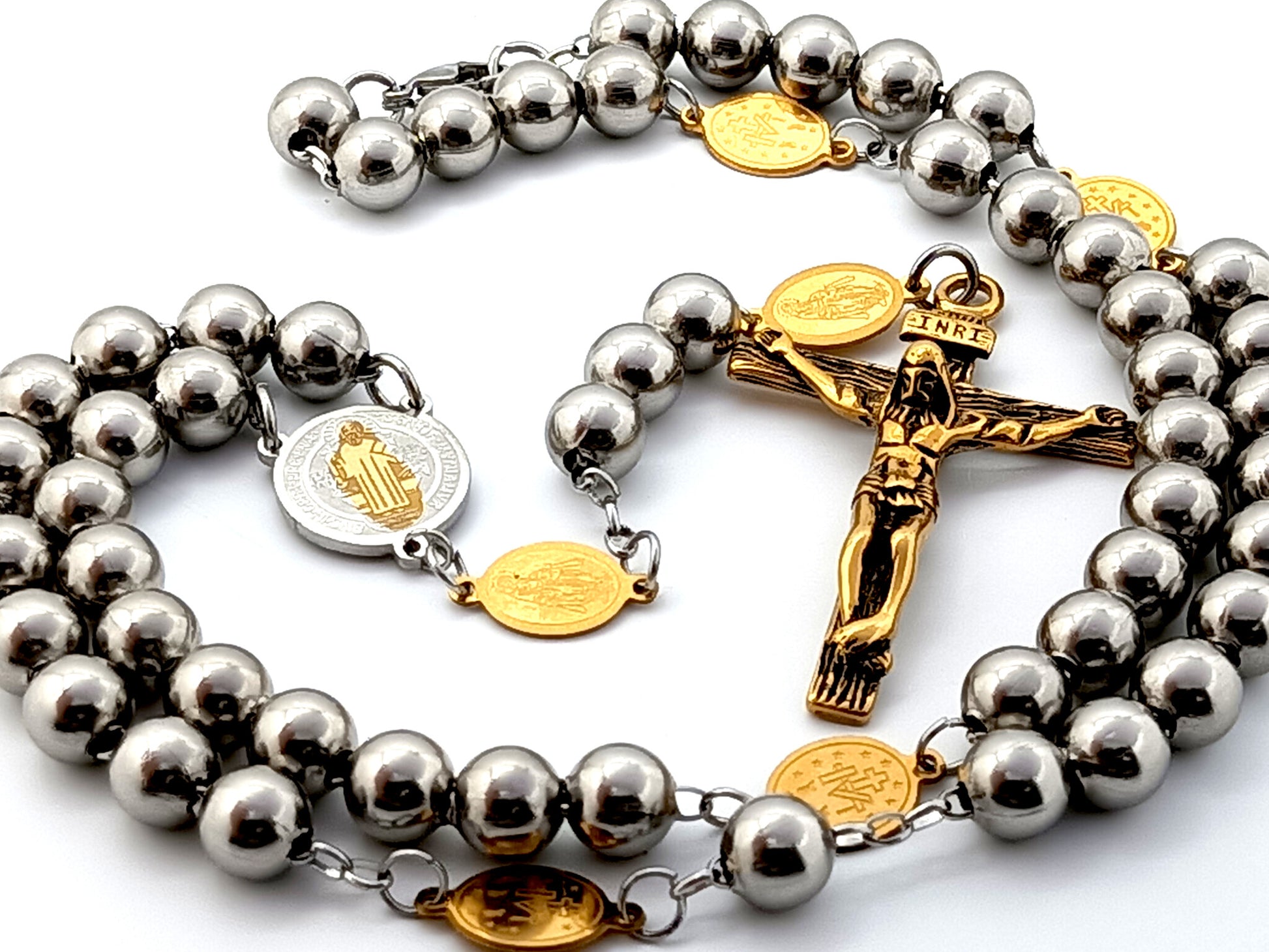 Stainless steel St Benedict unique rosary beads with Miraculous medals and stainless steel crucifix, rosary bead necklace.