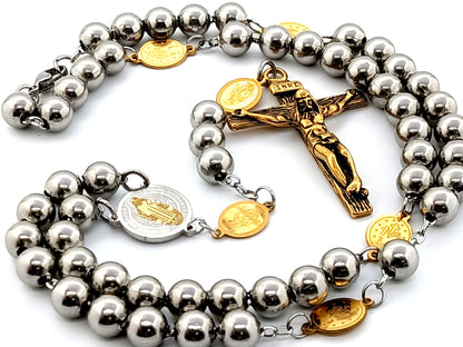 Stainless steel St Benedict unique rosary beads with Miraculous medals and stainless steel crucifix, rosary bead necklace.