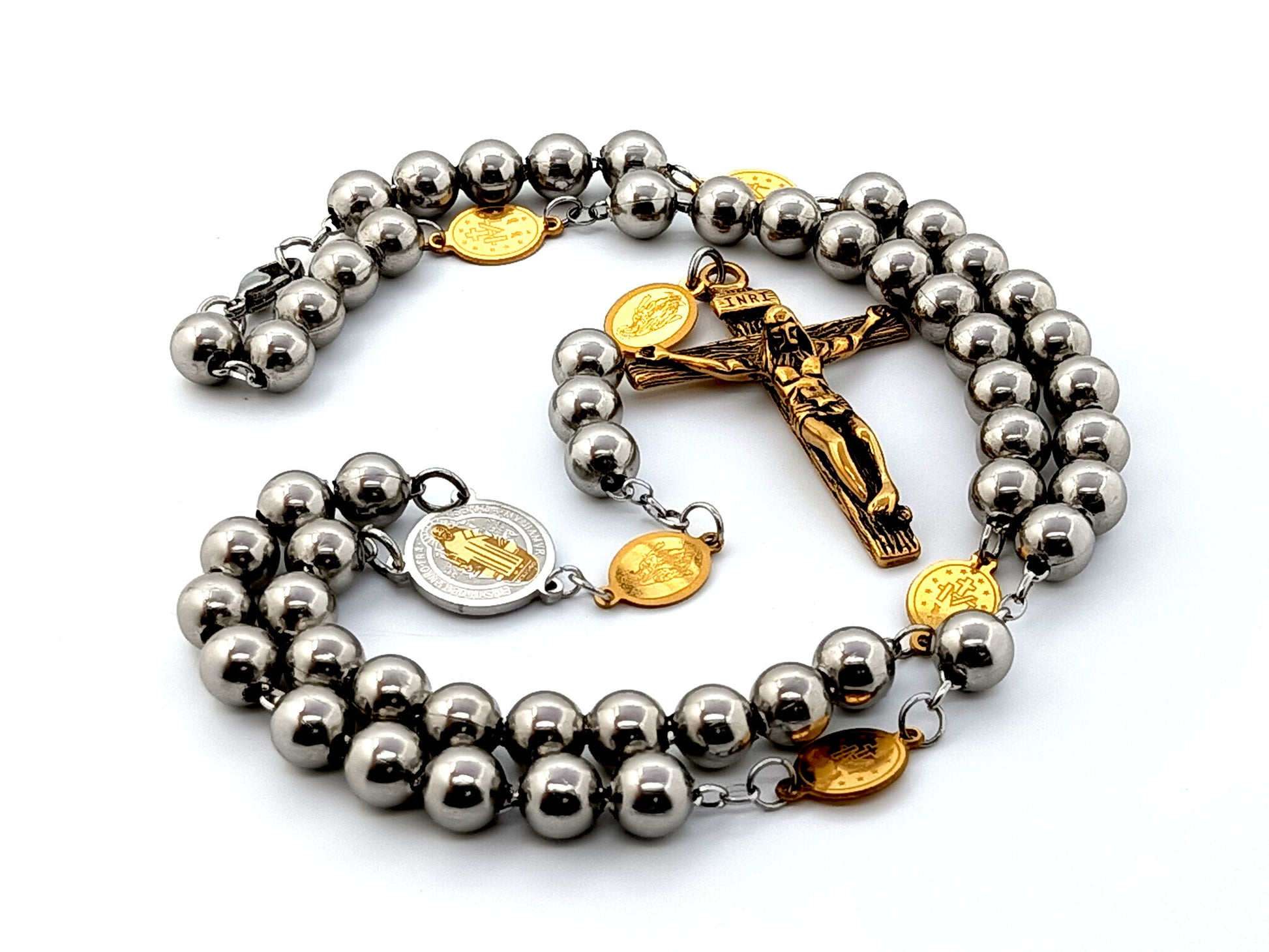 Stainless steel St Benedict unique rosary beads with Miraculous medals and stainless steel crucifix, rosary bead necklace.