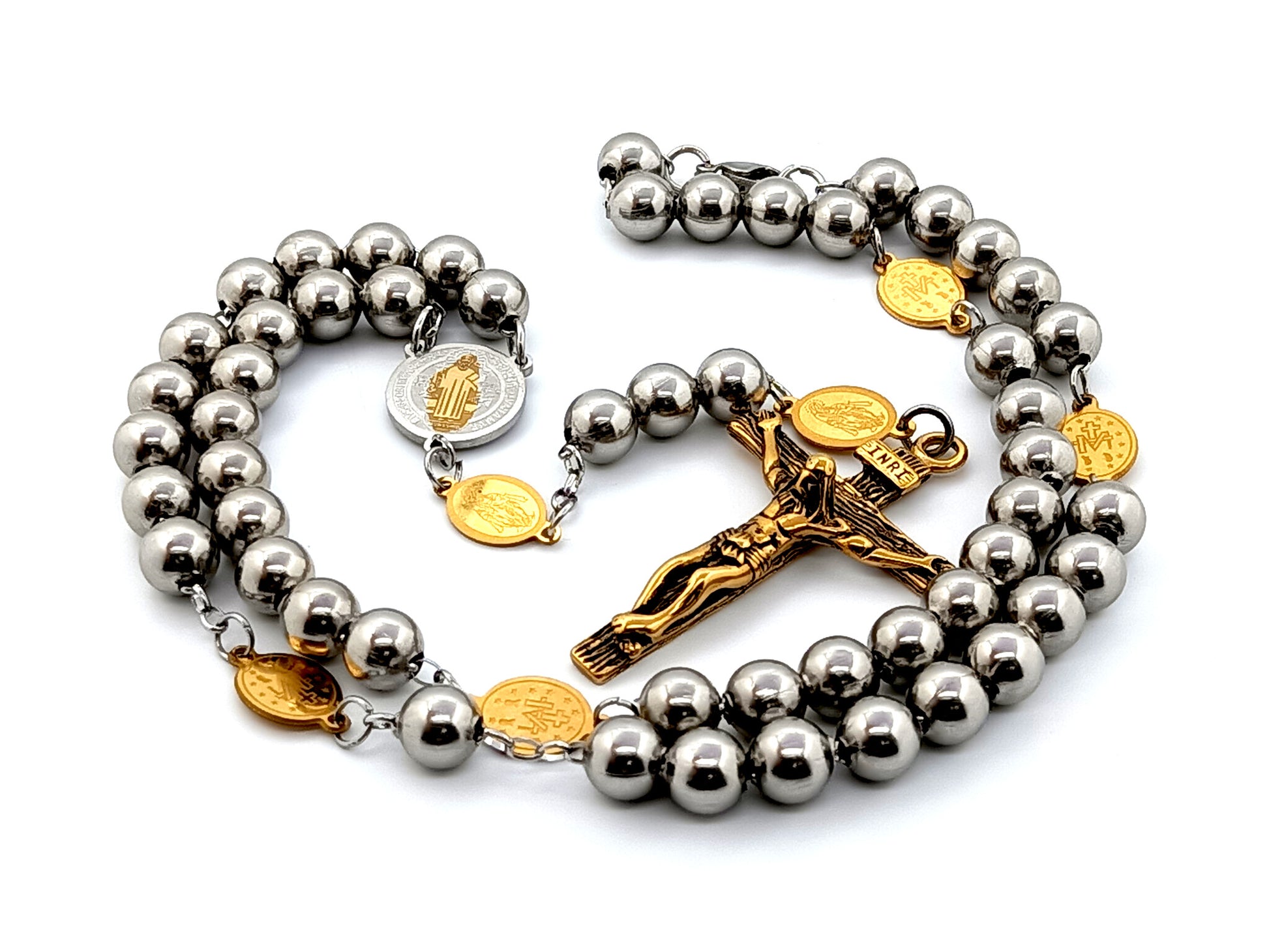 Stainless steel St Benedict unique rosary beads with Miraculous medals and stainless steel crucifix, rosary bead necklace.