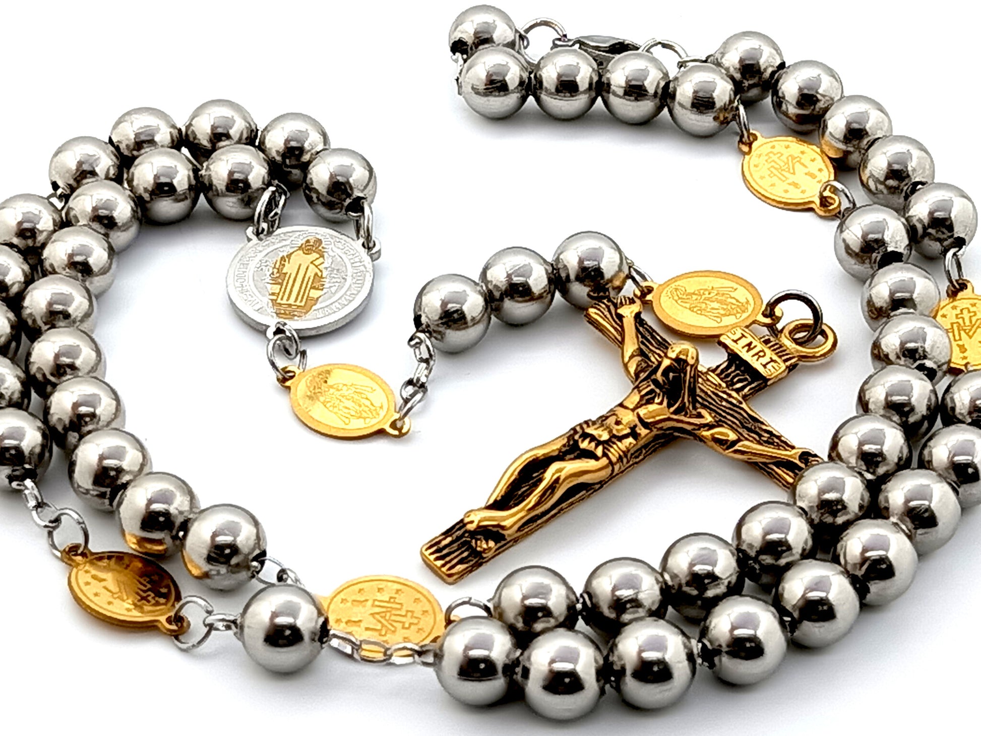 Stainless steel St Benedict unique rosary beads with Miraculous medals and stainless steel crucifix, rosary bead necklace.