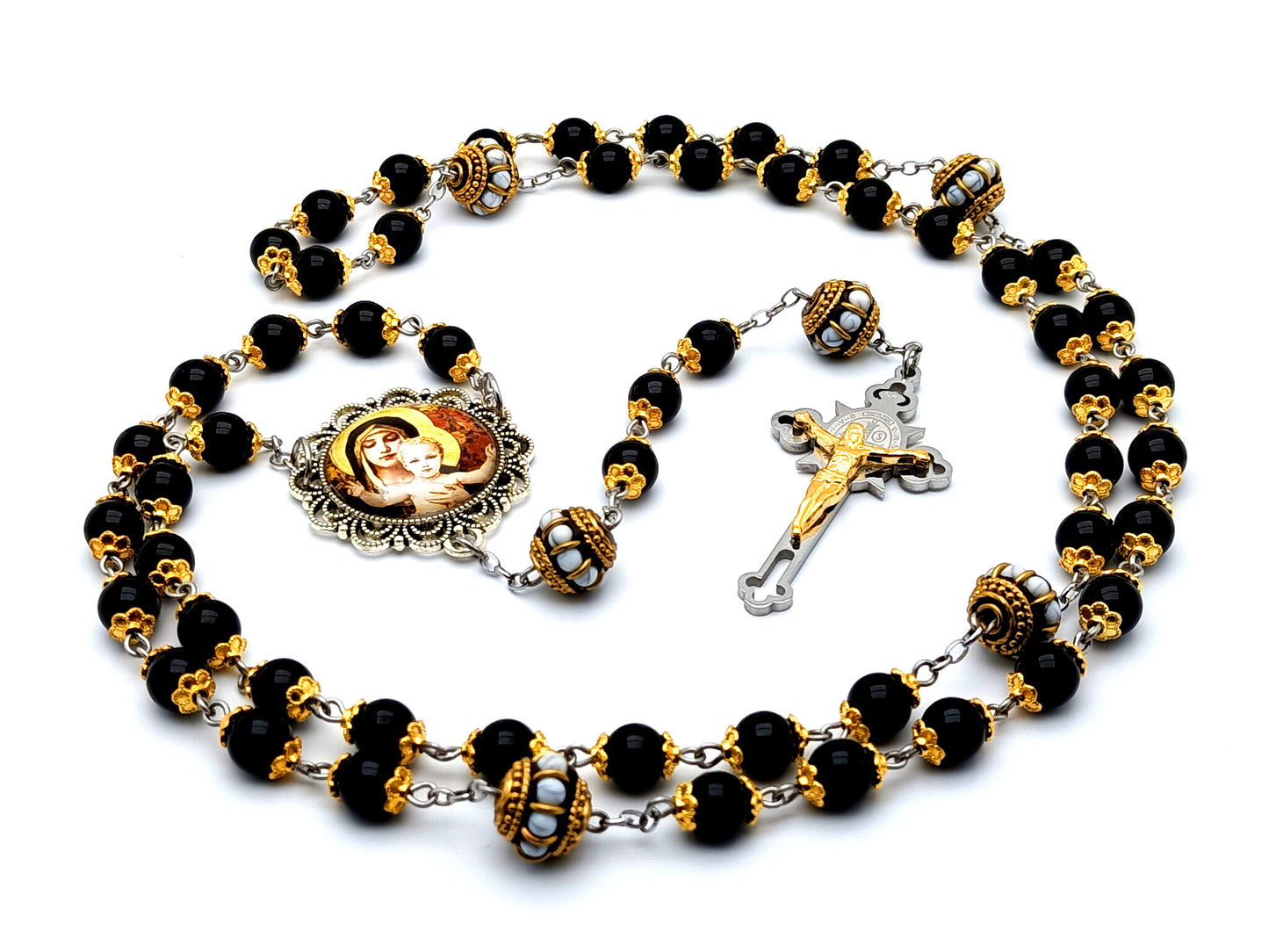 Our Lady of Laus unique rosary beads onyx gemstone rosary beads with enamel Our Father beads and Saint Benedict stainless steel crucifix.