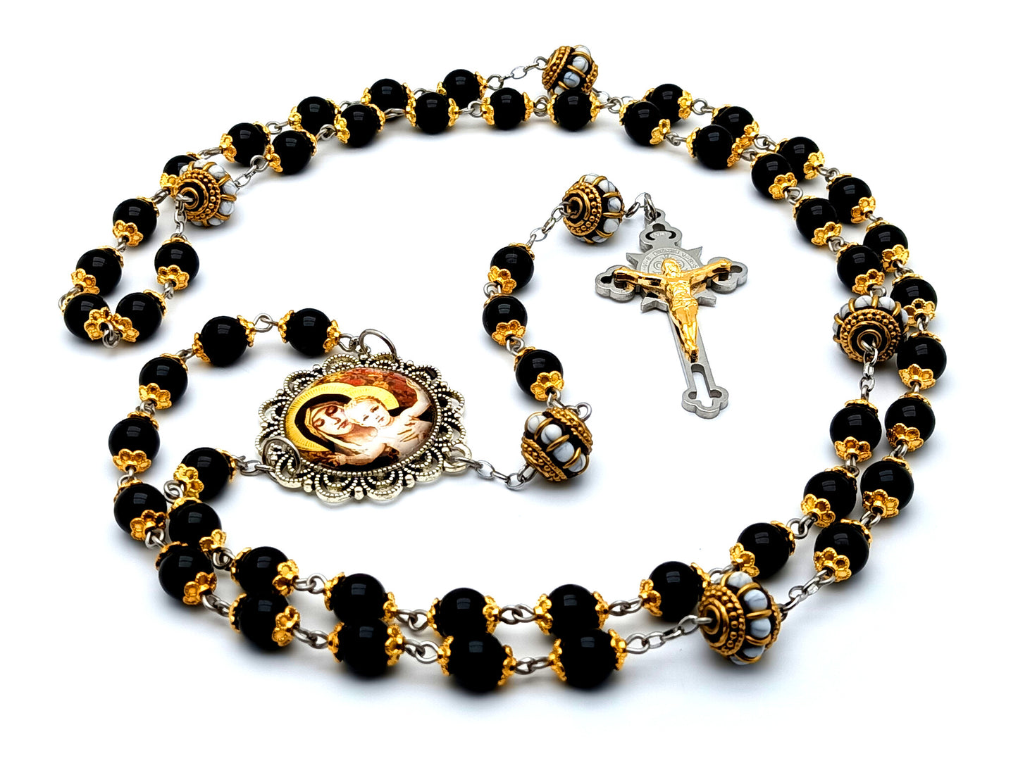 Our Lady of Laus unique rosary beads onyx gemstone rosary beads with enamel Our Father beads and Saint Benedict stainless steel crucifix.