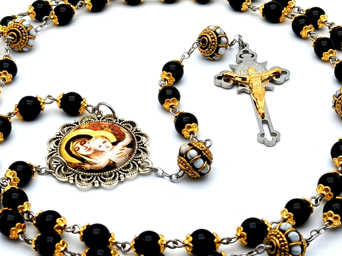 Our Lady of Laus unique rosary beads onyx gemstone rosary beads with enamel Our Father beads and Saint Benedict stainless steel crucifix.