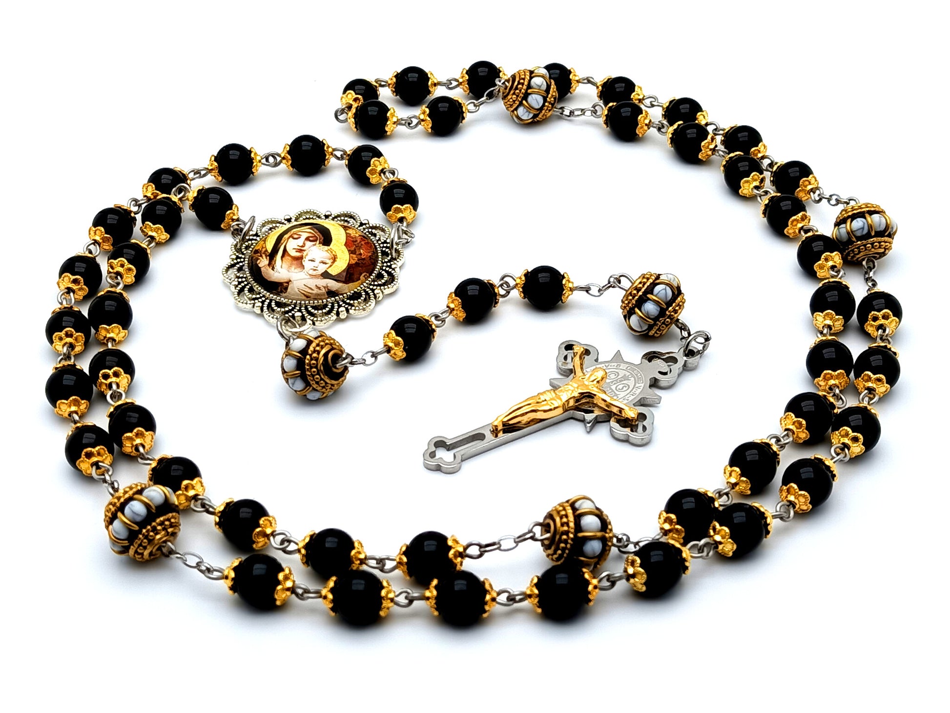 Our Lady of Laus unique rosary beads onyx gemstone rosary beads with enamel Our Father beads and Saint Benedict stainless steel crucifix.