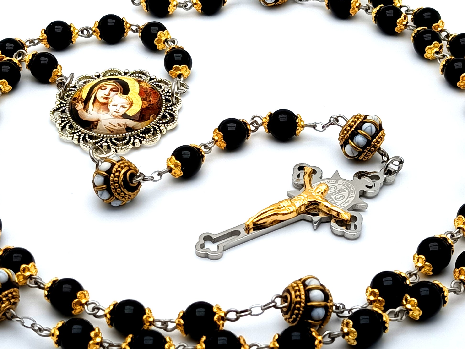 Our Lady of Laus unique rosary beads onyx gemstone rosary beads with enamel Our Father beads and Saint Benedict stainless steel crucifix.