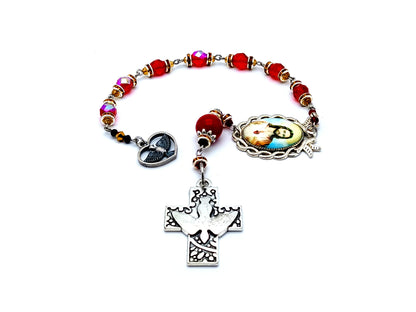 Holy Spirit unique rosary beads prayer chaplet with Sacred Heart of Jesus medal and Holy Spirit cross and medal with jasper gemstone prayer bead.