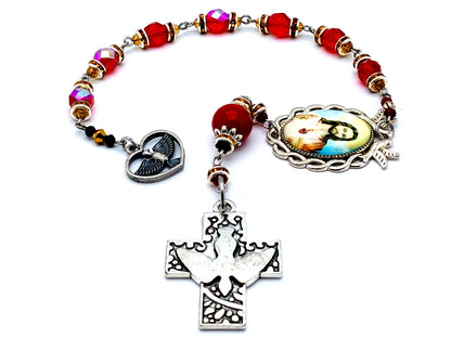 Holy Spirit unique rosary beads prayer chaplet with Sacred Heart of Jesus medal and Holy Spirit cross and medal with jasper gemstone prayer bead.